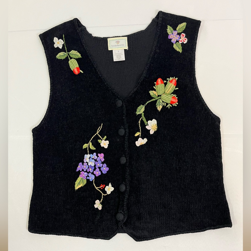 Susan Bristol Hand Embroidered Sweater Vest Flowers Wool Blend Small